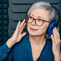 Senior woman wearing headphones during a hearing test.