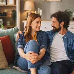 A couple sitting together on the couch.