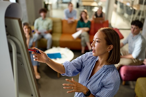 Business woman presenting her project to a group.
